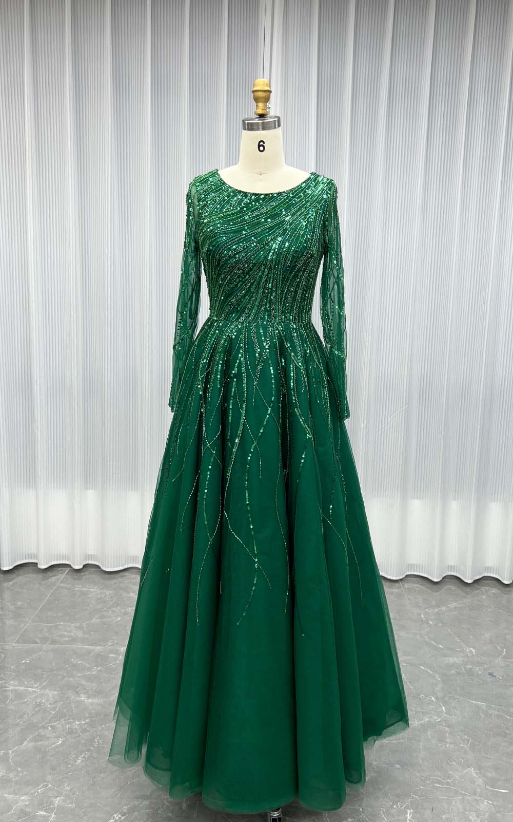 YQLNNE Modest Dark Green Long Sleeves Evening Dress Handmade Beaded