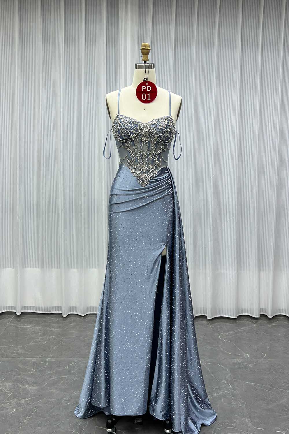 YQLNNE PD01 Champagne Straps Crystals Long Prom Dresses Lace-up Back