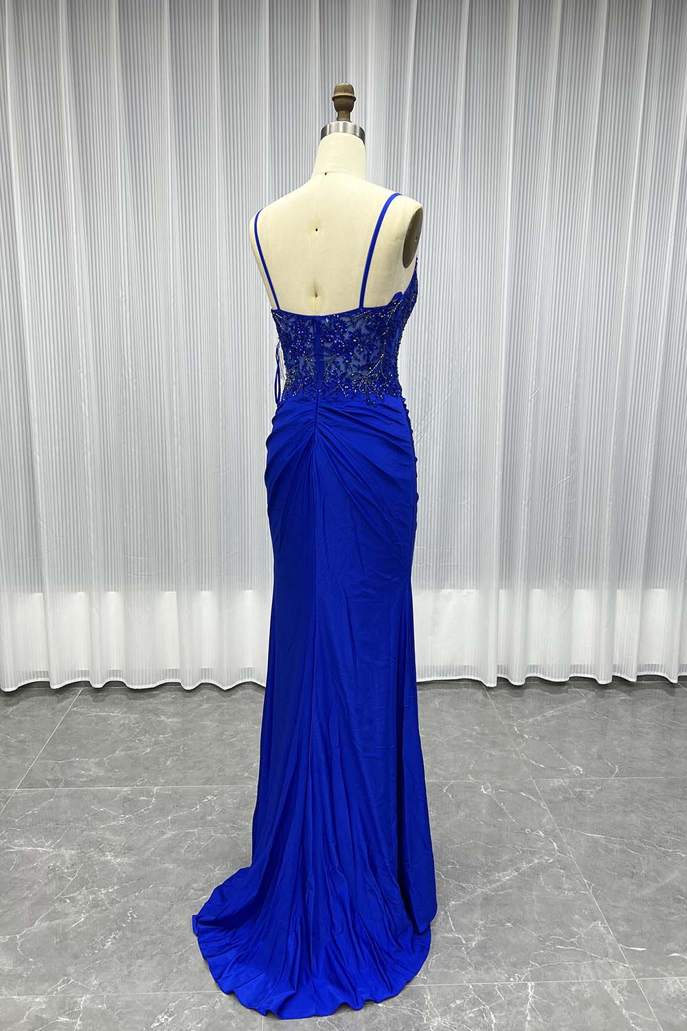 Sexy Royal Blue Straps Long Prom Dresses Cystals Beaded Women Party Dress