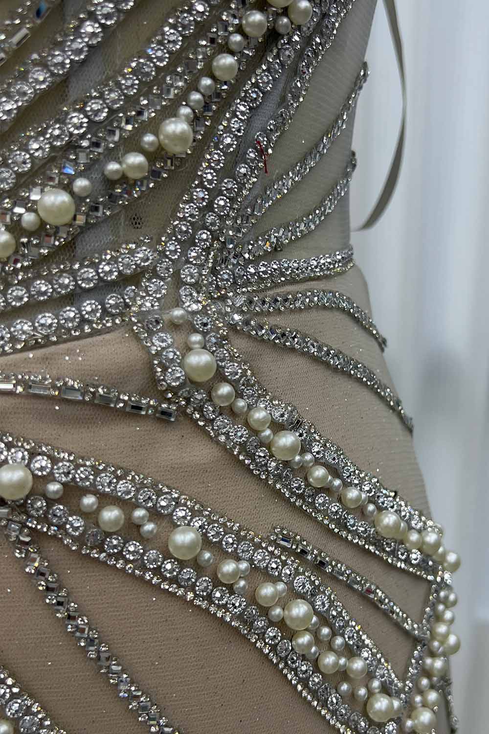 YQLNNE 0103 Silver Nude Long Prom Dress With Crystals Pearls