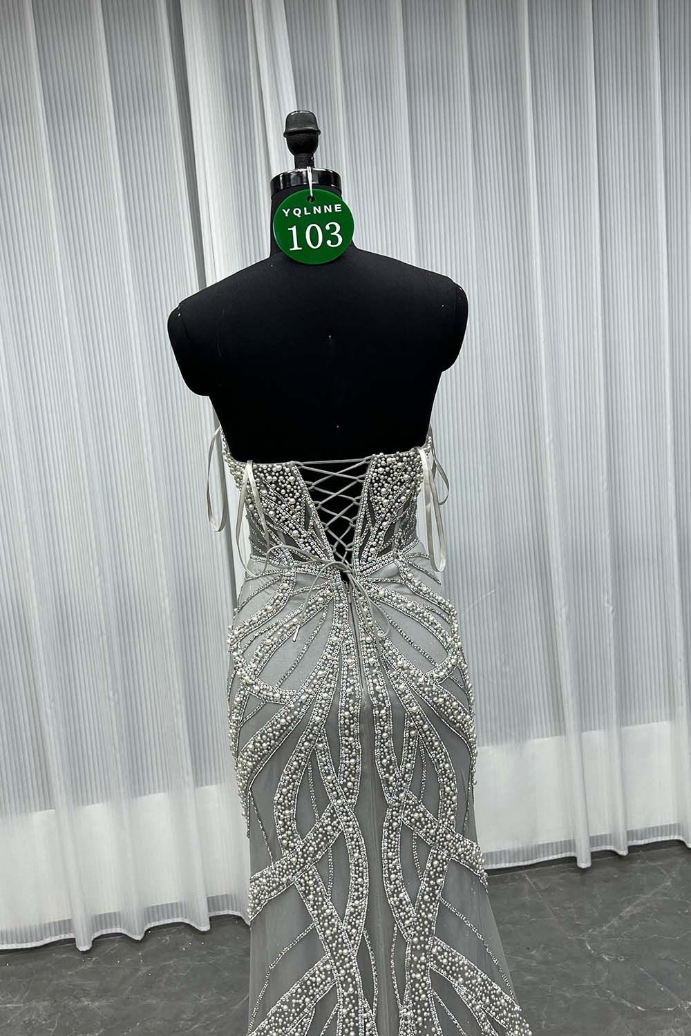 YQLNNE 0103 Silver Pearls Crystals Long Mermaid Evening Dress