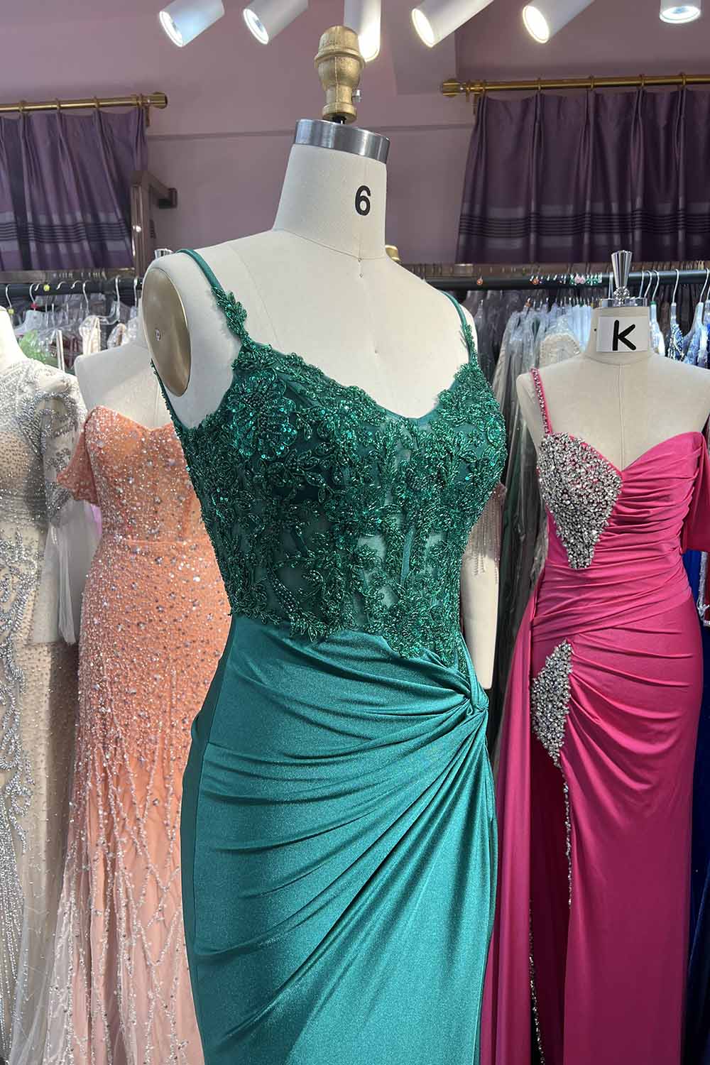 Green Beading Long Slit Prom Dresses