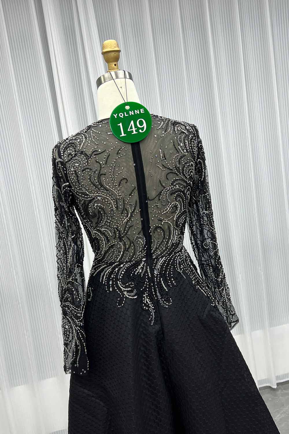 YQLNNE 0149 Black Crystals Beaded Tea-Length Evening Party Dress Full Sleeves