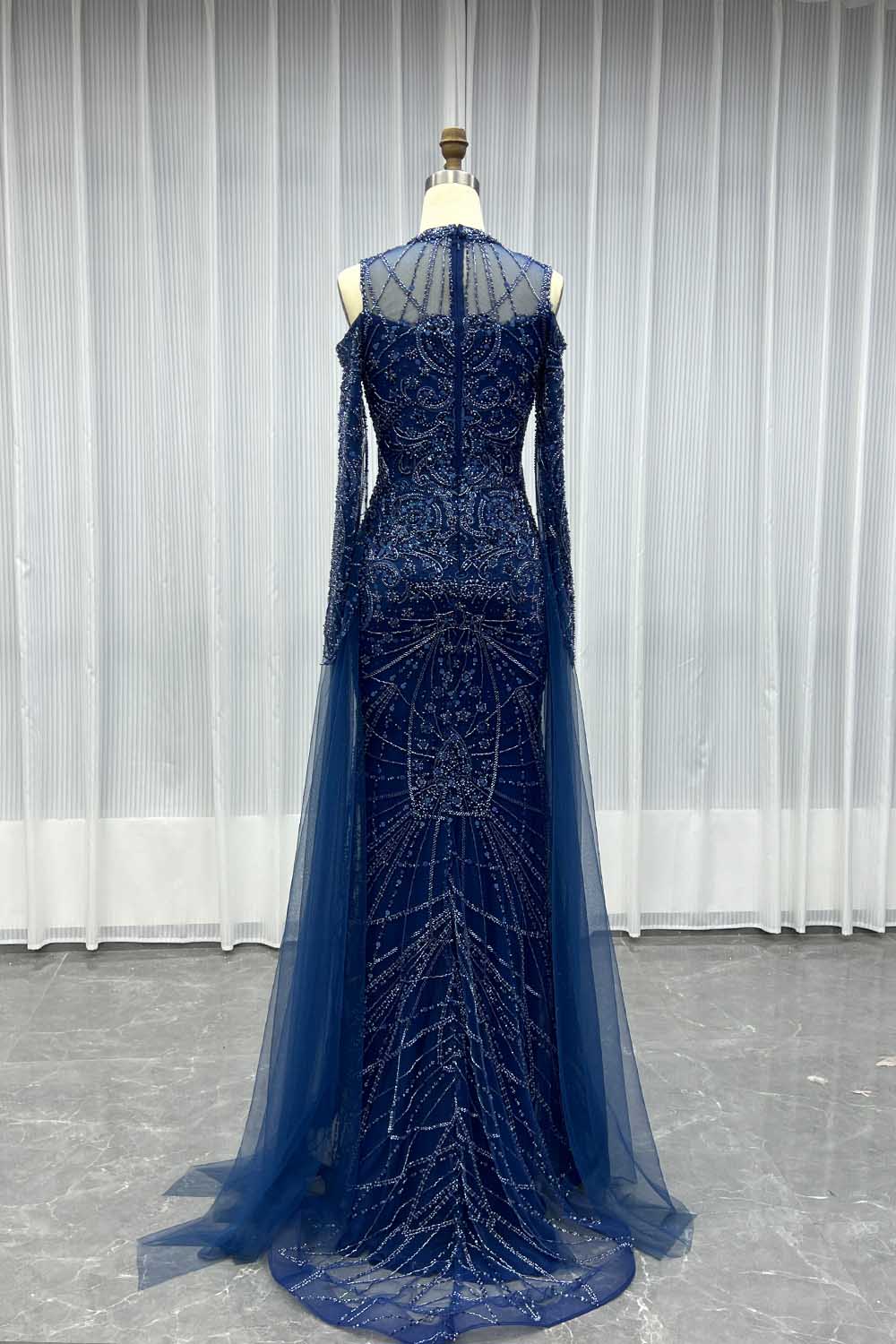 YQLNNECouture Navy Blue Crystals Beaded Evening Dress Embroidered