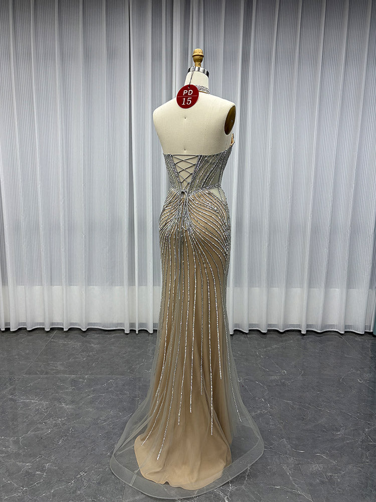 YQLNNE PD015 Silver Nude Slit Long Prom Dress Crystals Mermaid
