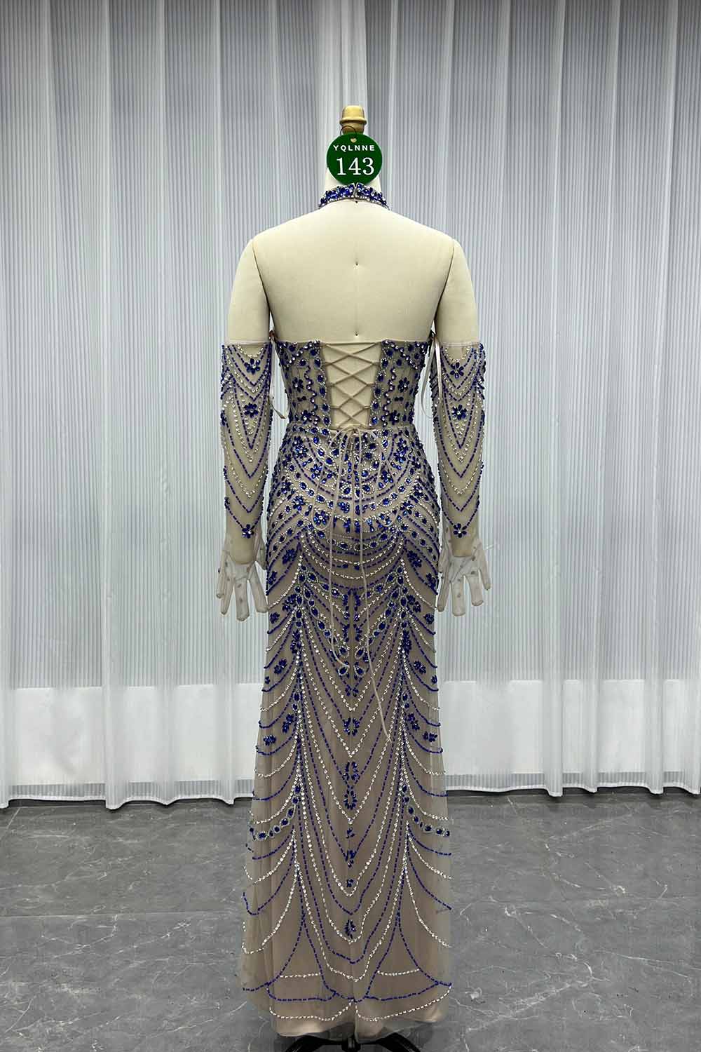 YQLNNE 0143 Blue Crystals Halter Evening Dress Mermaid Beaded Gown