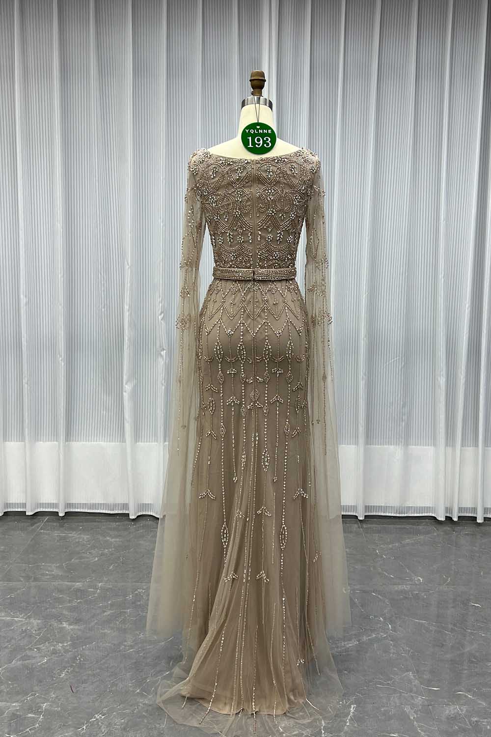 YQLNNE 0193 Modest Nude Square Collar Evening Dress With Handmade Crystals Beaded