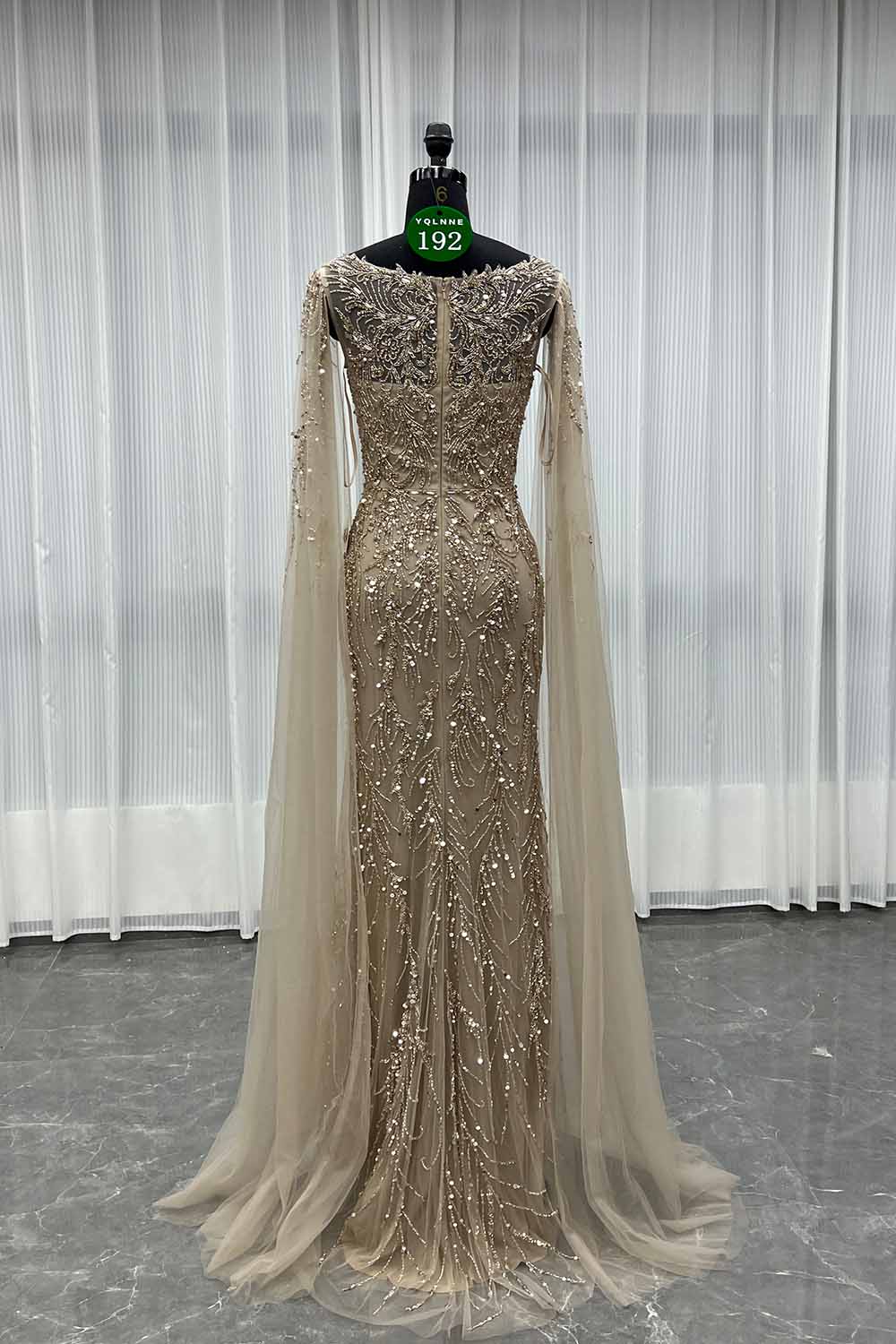 YQLNNE 0192 Burgundy Handmade Crystals Beaded Evening Dress With Long Cape Sleeves