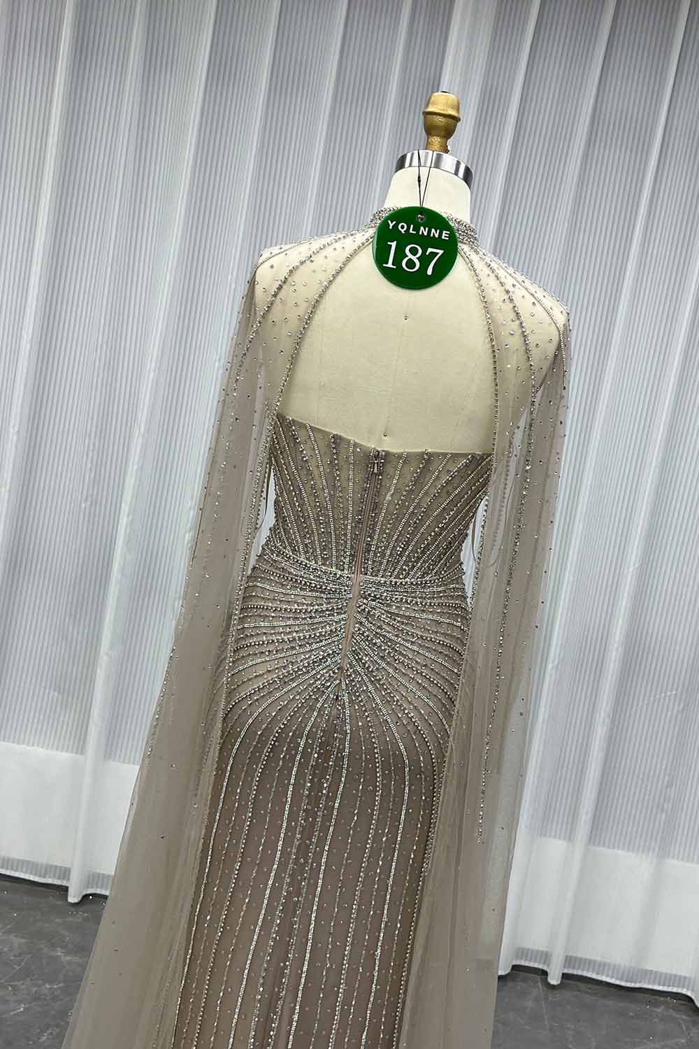 YQLNNE 0187 Pink Crystals Evening Dress With Removable Shawl