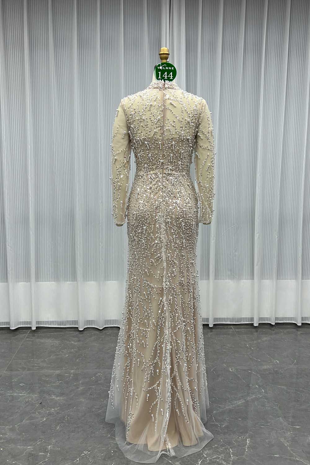 YQLNNE 0144 Modest Beige Full Sleeves Evening Dress High Collar Pearls Beaded Formal Gown