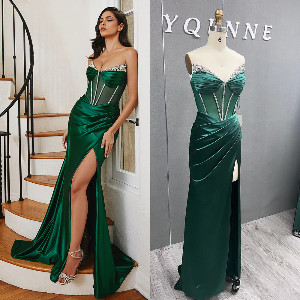 YQLNNE Green Fitted High Slit Prom Dresses Mermaid Satin Crystals Beaded Red Carpet Gown Vestido De Gala