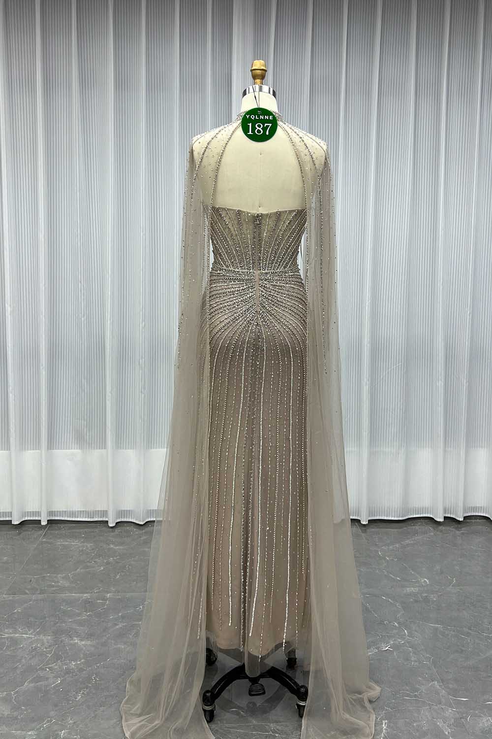 YQLNNE 0187 Pink Crystals Evening Dress With Removable Shawl