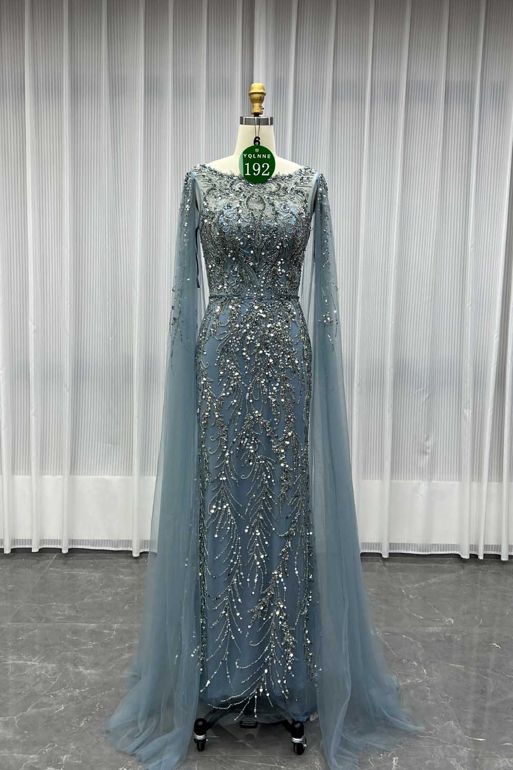 YQLNNE 0192 Burgundy Handmade Crystals Beaded Evening Dress With Long Cape Sleeves
