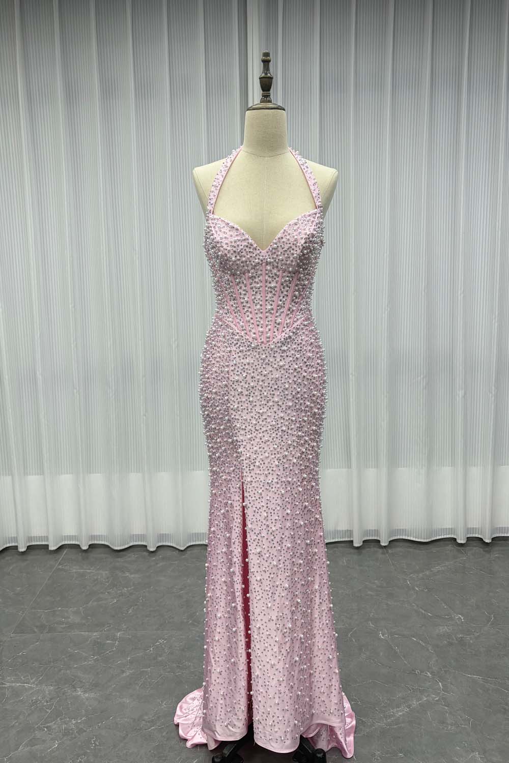 YQLNNE PD13 Sky Blue Crystals Pearls Long Prom Dresses Mermaid