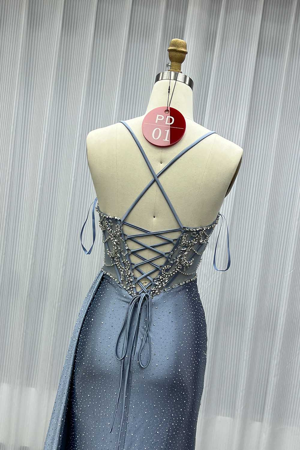 YQLNNE PD01 Champagne Straps Crystals Long Prom Dresses Lace-up Back