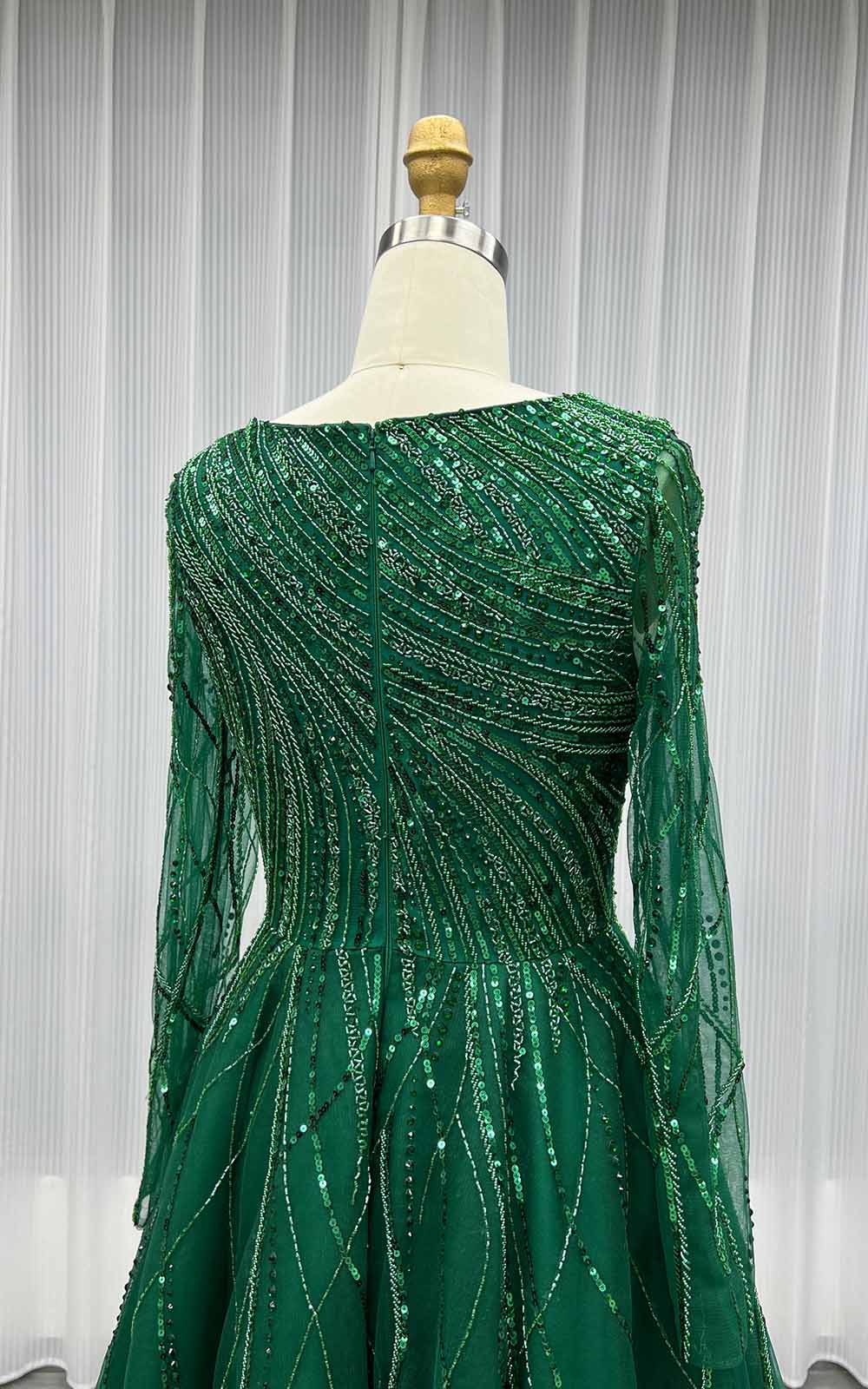 YQLNNE Modest Dark Green Long Sleeves Evening Dress Handmade Beaded
