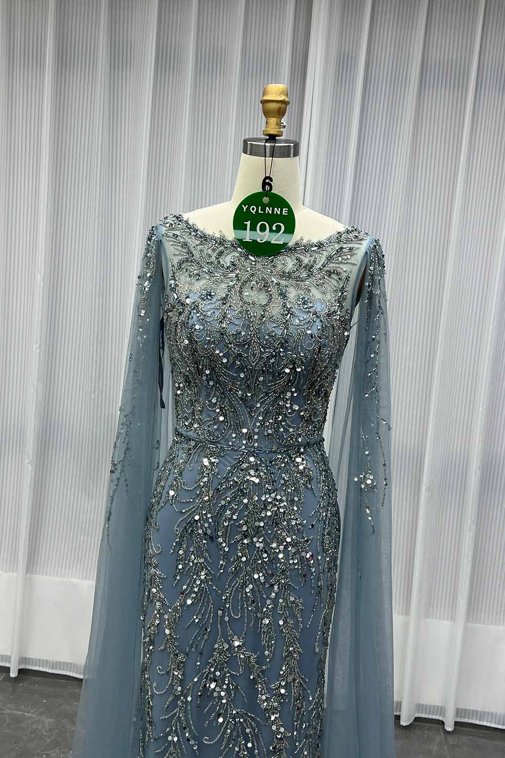 YQLNNE 0192 Burgundy Handmade Crystals Beaded Evening Dress With Long Cape Sleeves