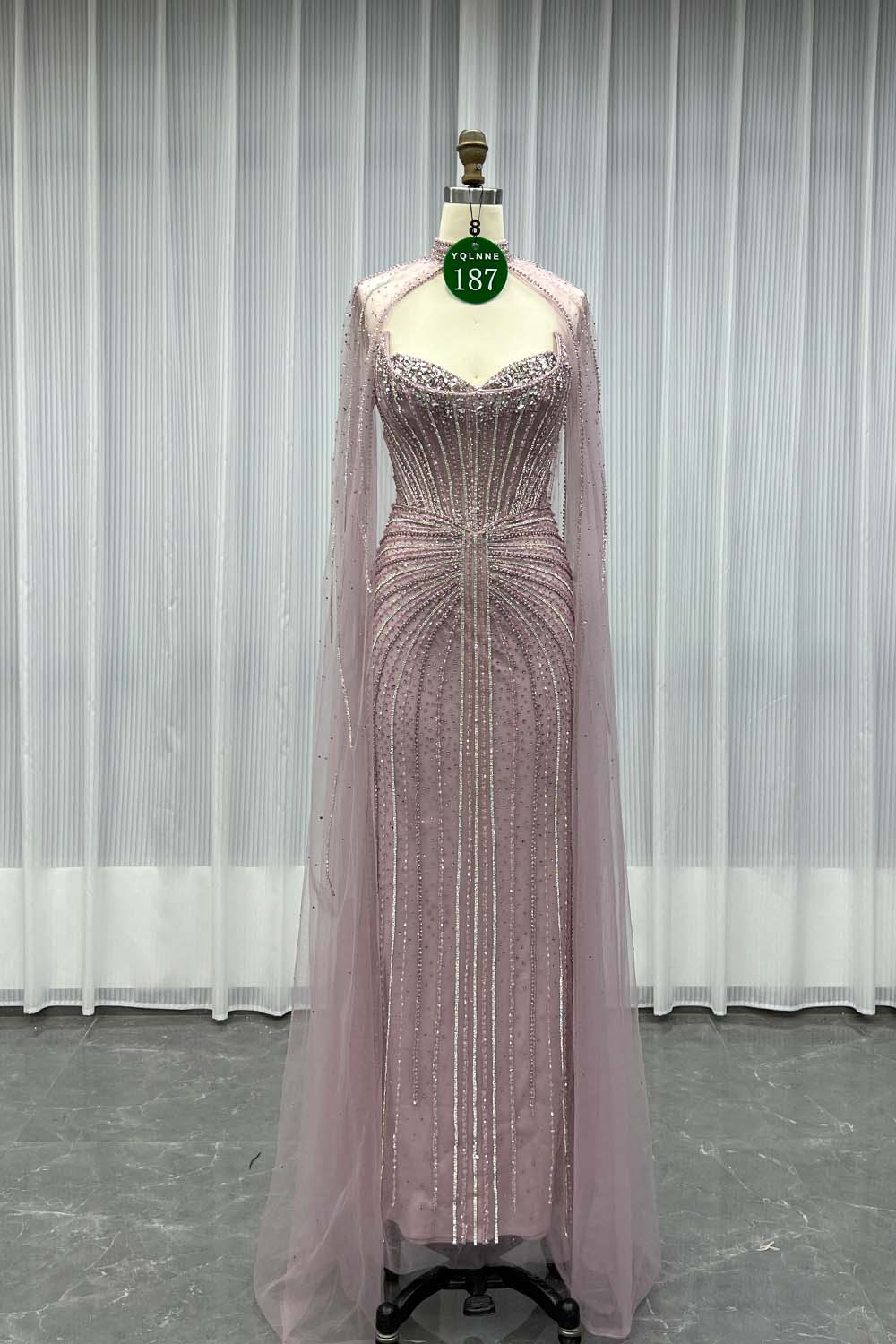 YQLNNE 0187 Pink Crystals Evening Dress With Removable Shawl