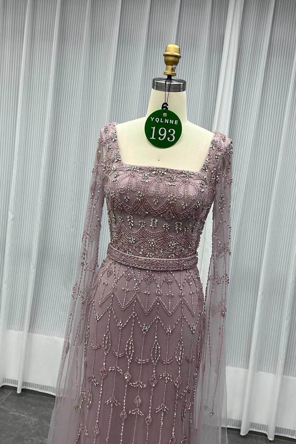 YQLNNE 0193 Modest Nude Square Collar Evening Dress With Handmade Crystals Beaded