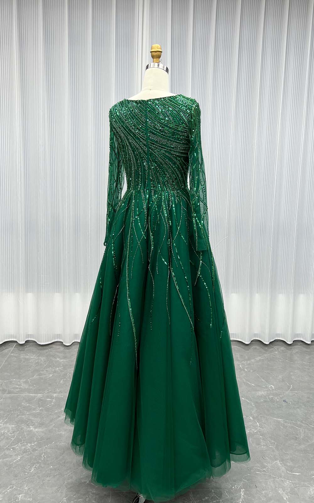 YQLNNE Modest Dark Green Long Sleeves Evening Dress Handmade Beaded