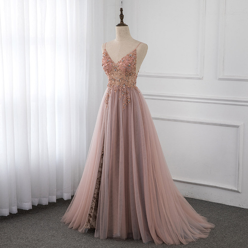 Sweet Dusty Pink Crystal Prom Dresses Long Straps Spaghetti See Through Tulle Evening Gown Slit Right YQLNNE