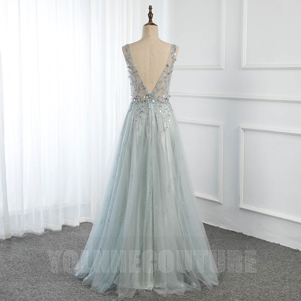 Sexy Mint Long Prom Dresses V Neck Tulle Crystals Beaded Homecoming Party Dress Backless