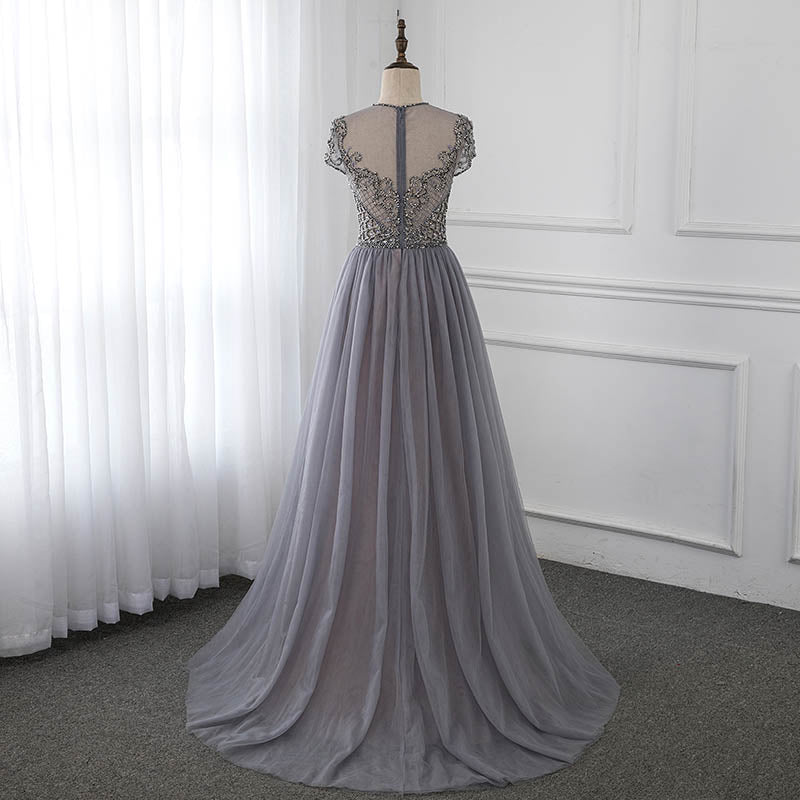 Couture Gray Cap Sleeve Evening Dress Sparkly Rhinestone Formal Gown Competition Dresses Robe De Soiree YQLNNE