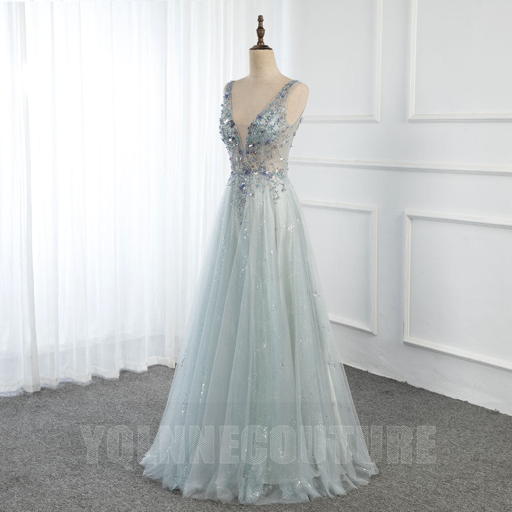 Sexy Mint Long Prom Dresses V Neck Tulle Crystals Beaded Homecoming Party Dress Backless