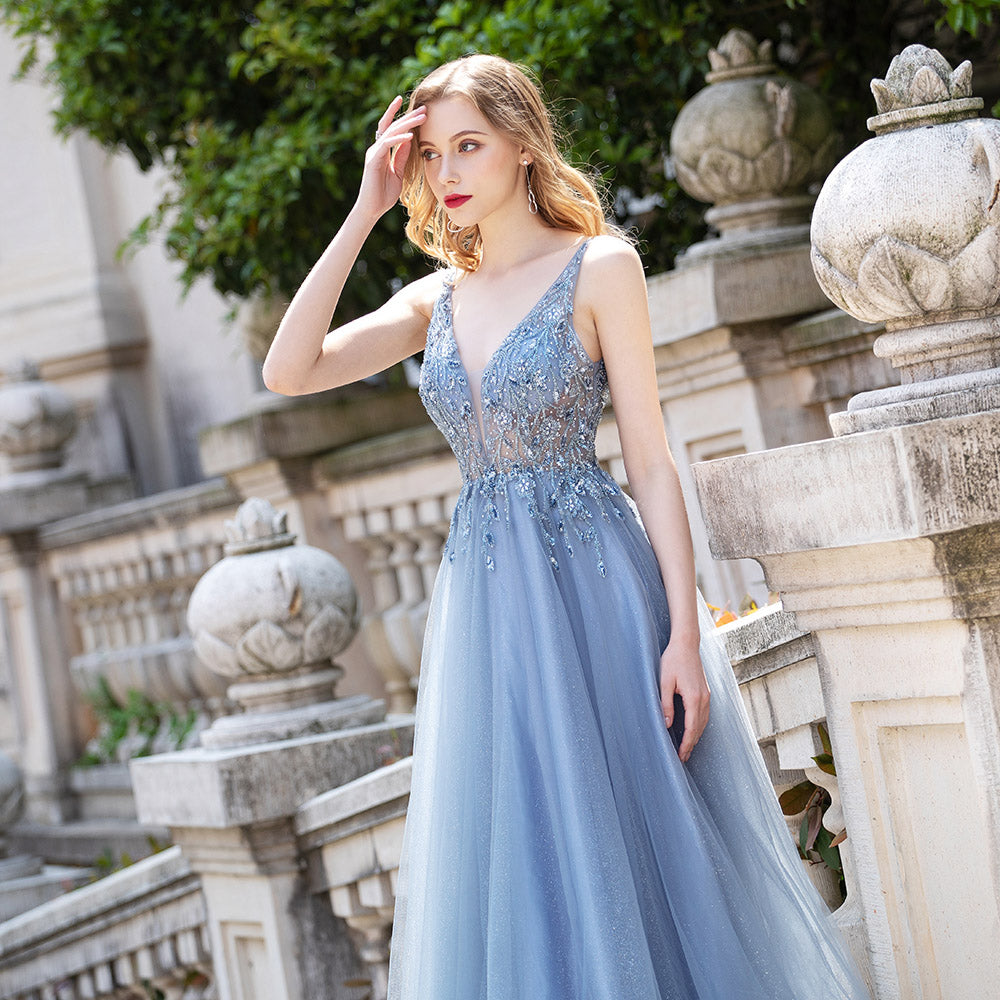 Sweet Dusty Blue Long Prom Dresses Sexy Straps Glitter Tulle Sequined Beaded Backless Party Dress Formal Gowns Aline