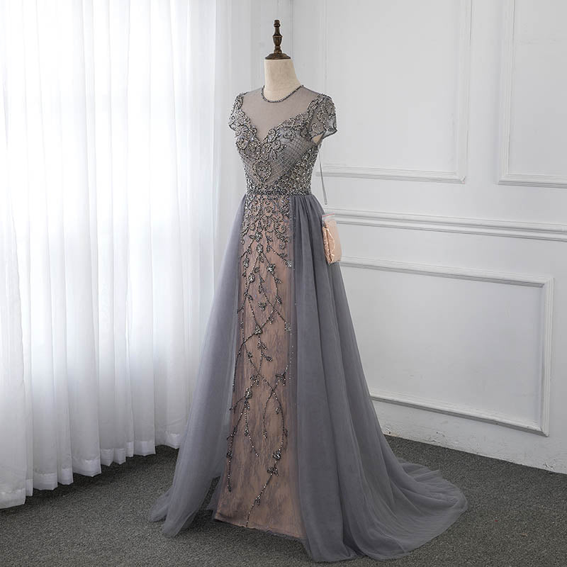 Couture Gray Cap Sleeve Evening Dress Sparkly Rhinestone Formal Gown Competition Dresses Robe De Soiree YQLNNE