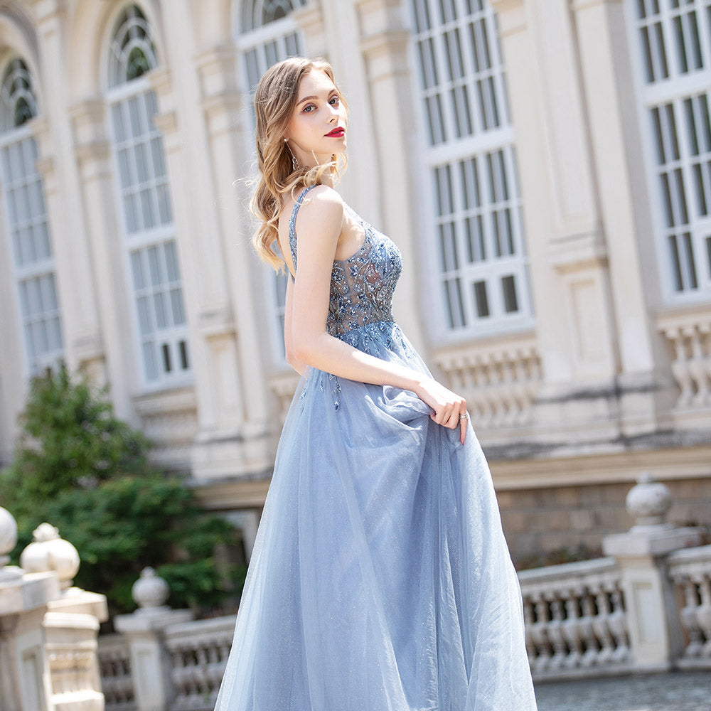 Sweet Dusty Blue Long Prom Dresses Sexy Straps Glitter Tulle Sequined Beaded Backless Party Dress Formal Gowns Aline