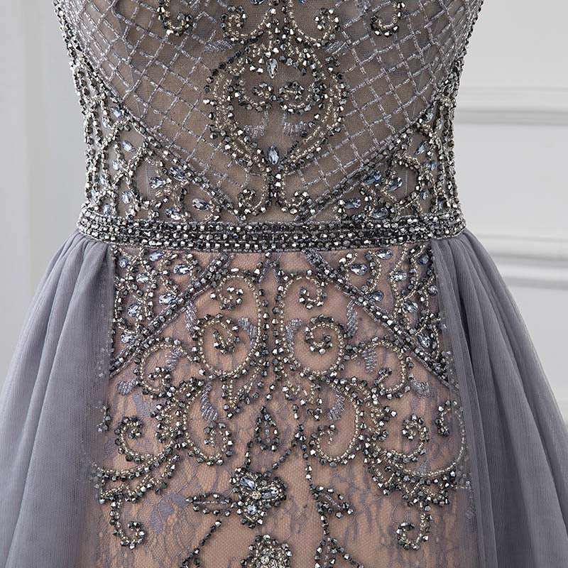 Couture Gray Cap Sleeve Evening Dress Sparkly Rhinestone Formal Gown Competition Dresses Robe De Soiree YQLNNE