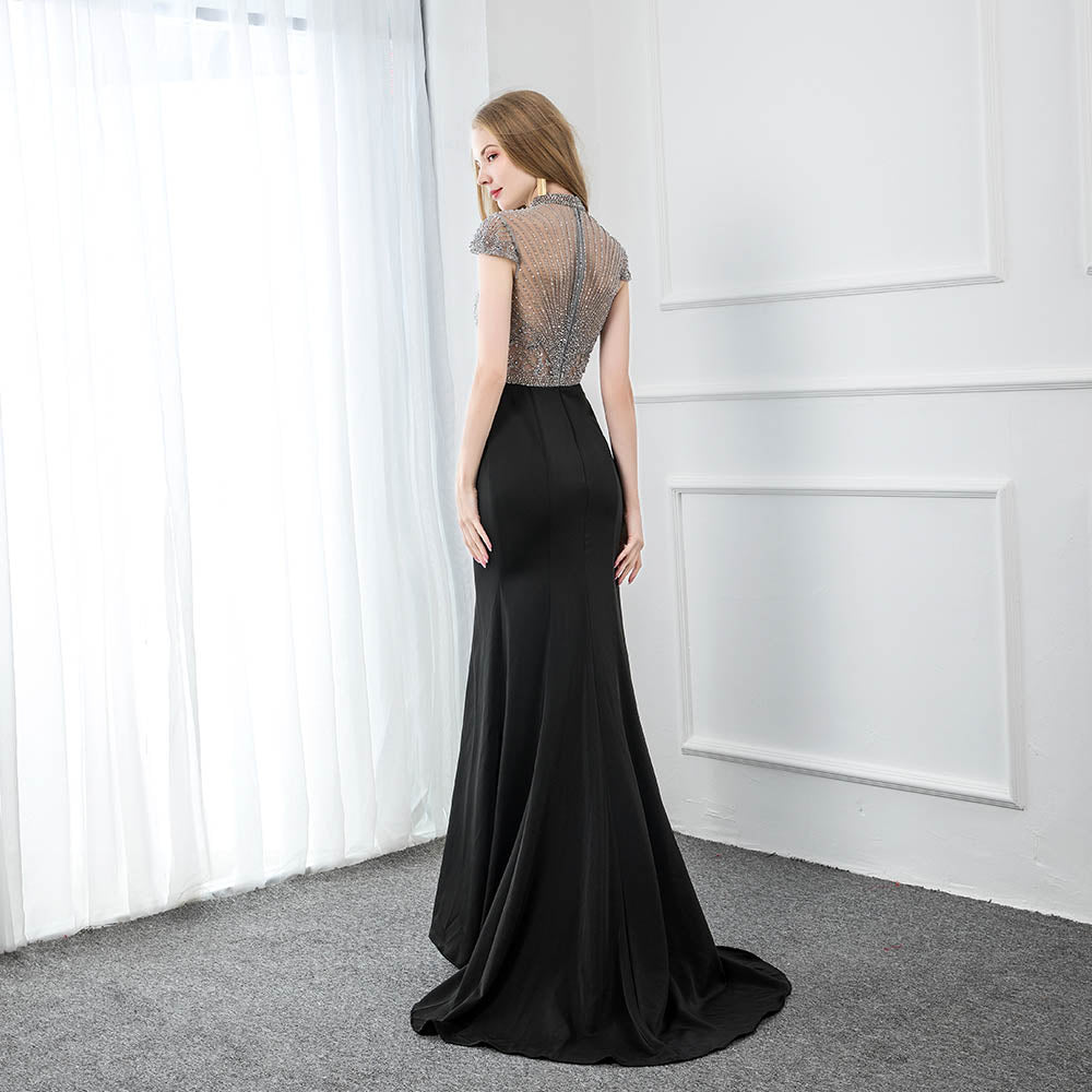 Black Long Mermaid Prom Dresses High Neck Crystals Beaded Formal Women Party Dress Evening Gown Real Photos