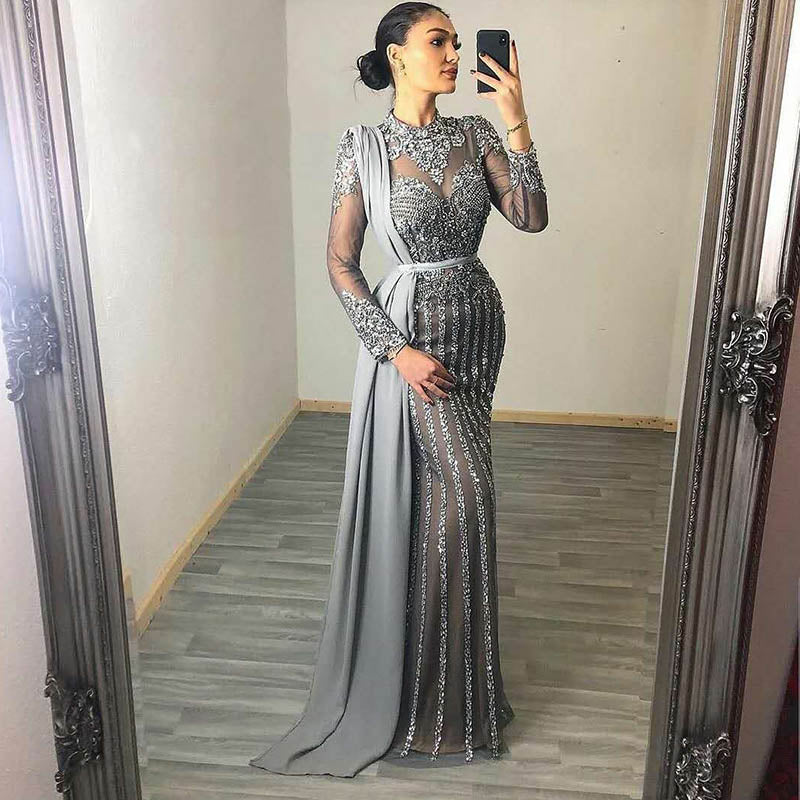 YQLNNECouture Muslim Rhinestones Evening Dresses High Neck Dubai Long Sleeve Mermaid Evening Gown Women Party Dress