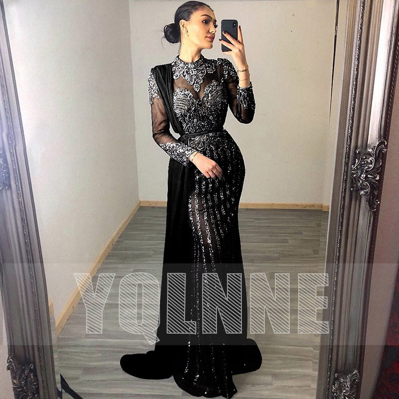 YQLNNECouture Muslim Rhinestones Evening Dresses High Neck Dubai Long Sleeve Mermaid Evening Gown Women Party Dress