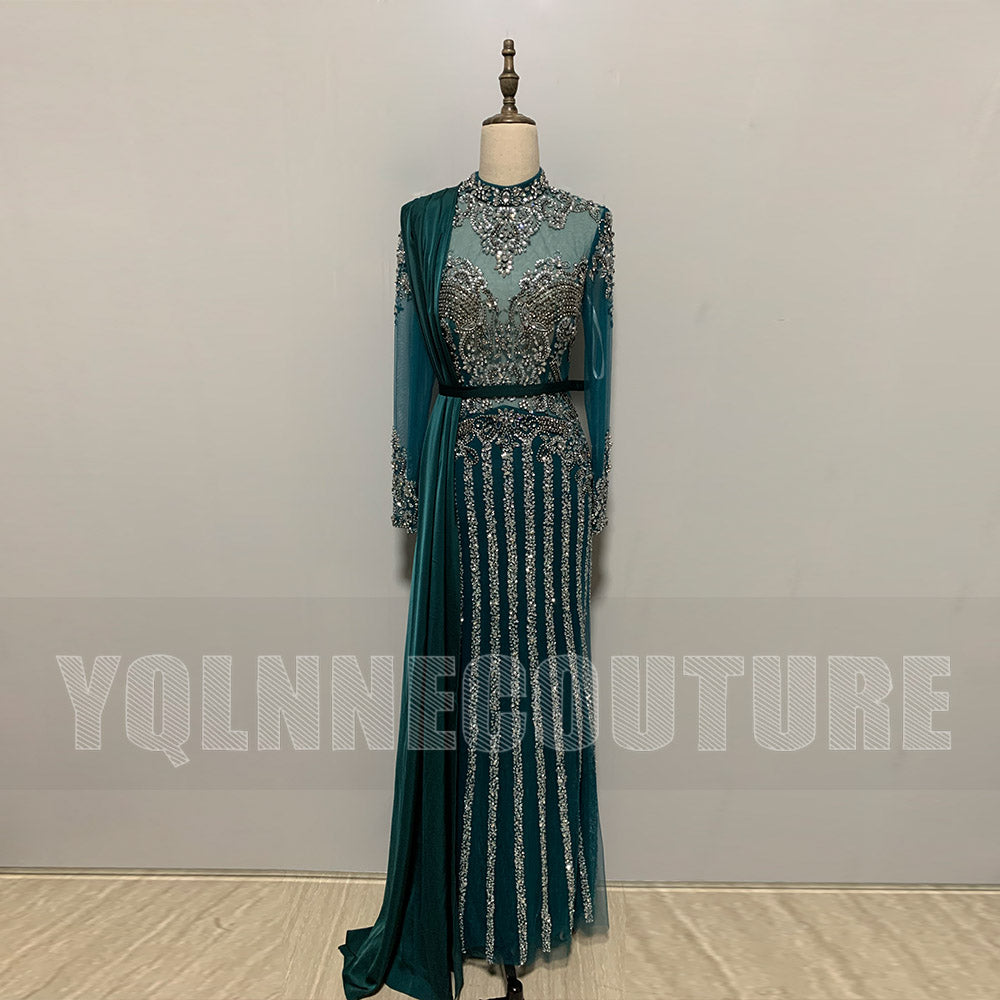 YQLNNECouture Muslim Rhinestones Evening Dresses High Neck Dubai Long Sleeve Mermaid Evening Gown Women Party Dress