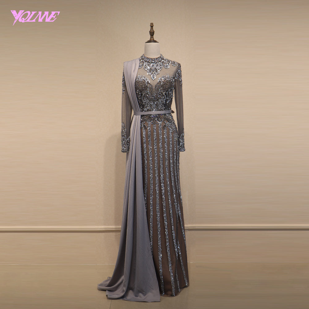 YQLNNECouture Muslim Rhinestones Evening Dresses High Neck Dubai Long Sleeve Mermaid Evening Gown Women Party Dress