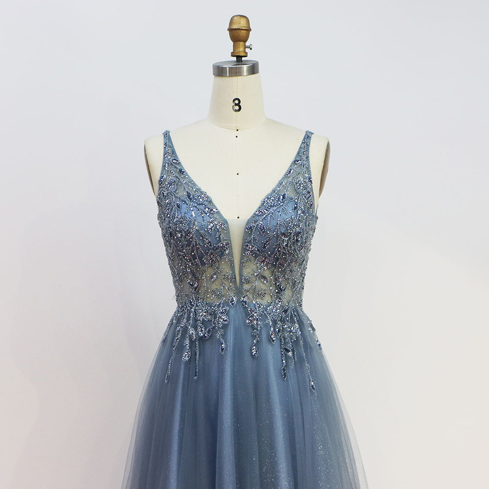 Sweet Dusty Blue Long Prom Dresses Sexy Straps Glitter Tulle Sequined Beaded Backless Party Dress Formal Gowns Aline