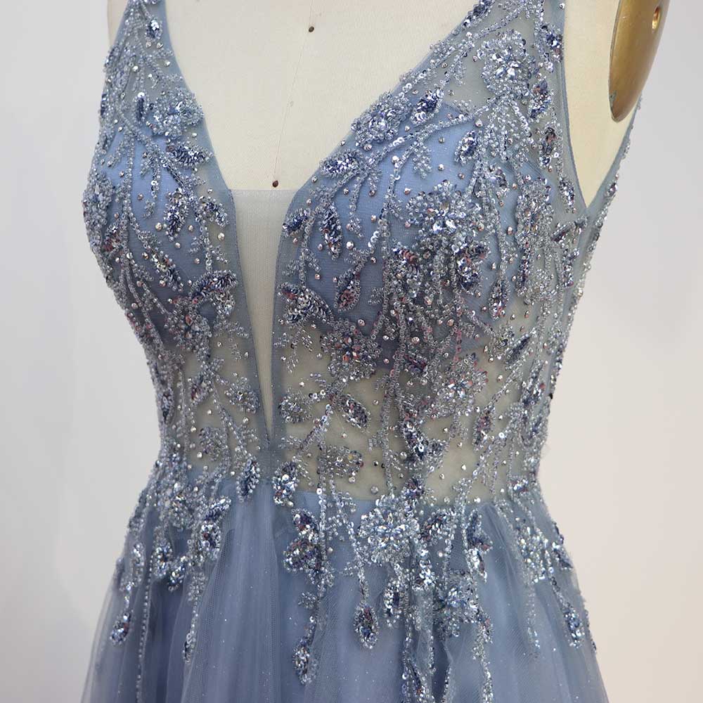 Sweet Dusty Blue Long Prom Dresses Sexy Straps Glitter Tulle Sequined Beaded Backless Party Dress Formal Gowns Aline